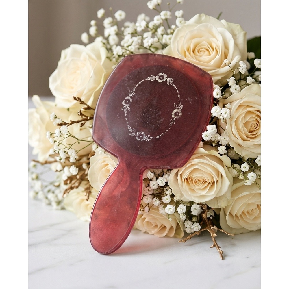 Vintage 60s 70s Hand Mirror Art Deco Floral Red Lucite Made in‎ USA